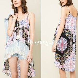 🆕 BOHO BLACK PRINTED HIGH LOW LACE HEM TUNIC